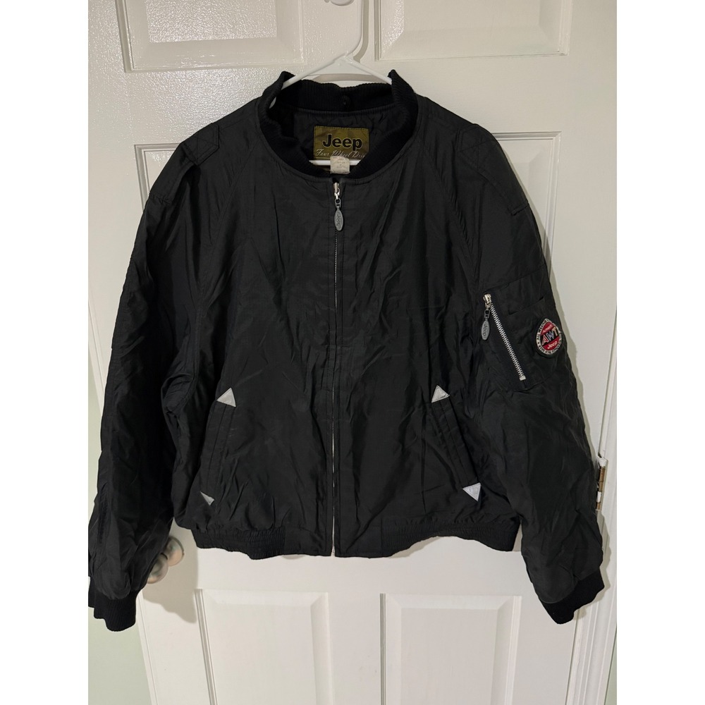 Vintage Jeep Four Wheel Drive Mens XL Bomber Jacket Black Nylon AWT Tech JB1501